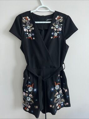 Black Embroidered Floral Romper